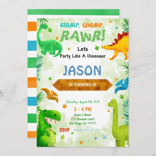 恐竜おもしろい誕生会 招待状 (正面/裏面)