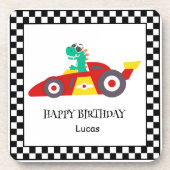 恐竜おもしろい誕生日レーシングカーの少年の名前 コースター (正面)