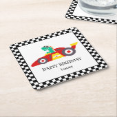 恐竜おもしろい誕生日レーシングカーの少年の名前 スクエアペーパーコースター (アングル)