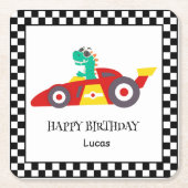 恐竜おもしろい誕生日レーシングカーの少年の名前 スクエアペーパーコースター (正面)