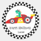 恐竜おもしろい誕生日レーシングカーの少年の名前 ラウンドシール (正面)