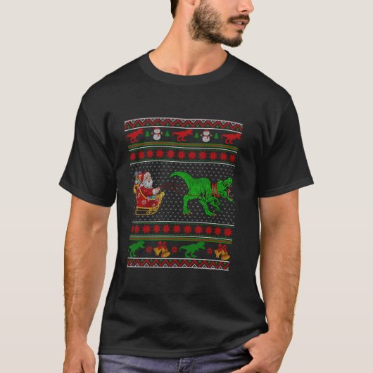 恐竜おもしろいTレックスサンタそり醜いクリスマスS Tシャツ (正面)