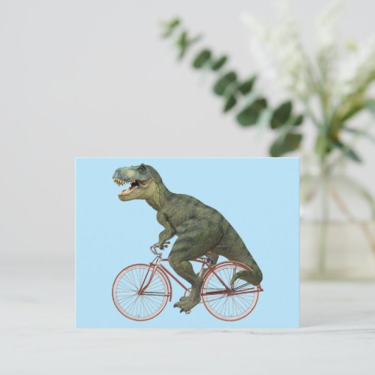 恐竜おもしろいTRex自転車サイクリングはがき ポストカード (スタンド正面)