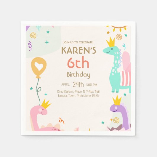 恐竜お洒落プリンセス誕生日 スタンダードカクテルナプキン (正面)