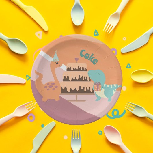 恐竜お誕生日ケーキ中性ピンクオレンジ ペーパープレート