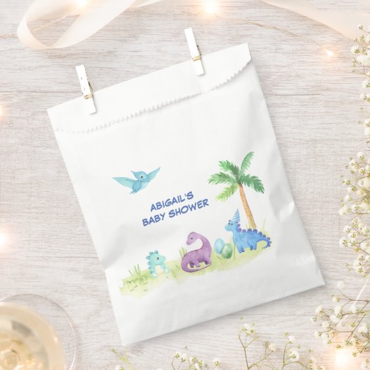 恐竜かわいい水彩赤ちゃんシャワーパーティー フェイバーバッグ (クリップ留めされた状態)