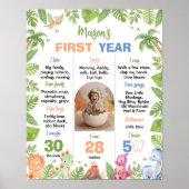 恐竜かわいい男の子1歳の誕生日パーティーマイルストーン ポスター (正面)