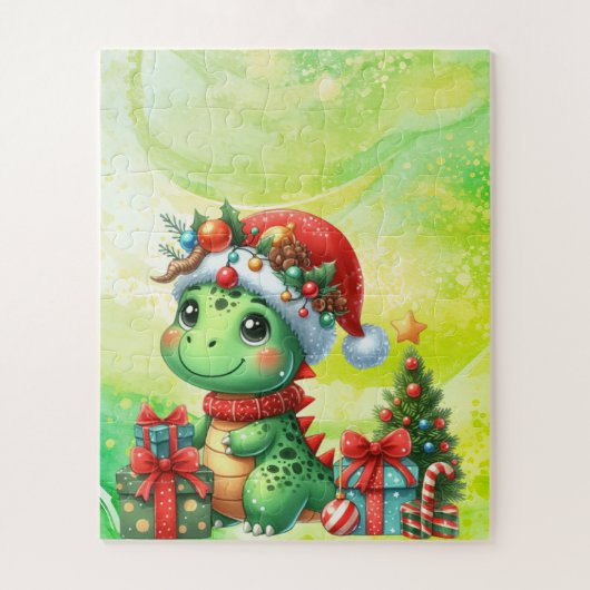 恐竜かわいい緑の子供たちのクリスマスパズル ジグソーパズル (縦)