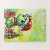 恐竜かわいい緑の子供たちのクリスマスパズル ジグソーパズル (横)