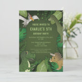 恐竜かわいい緑の熱帯ジャングル誕生日パーティー 招待状 (スタンド正面)
