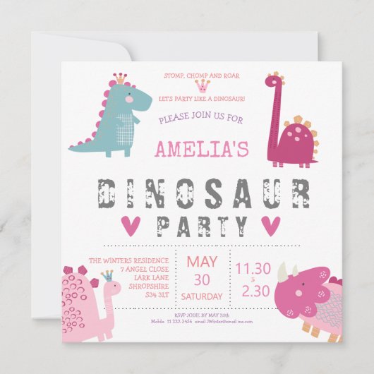 恐竜がかわいいモダンなピンクの誕生日パーティー 招待状 (正面)