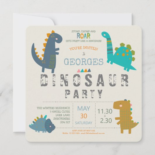 恐竜がかわいい現代の誕生日パーティー 招待状 (正面)