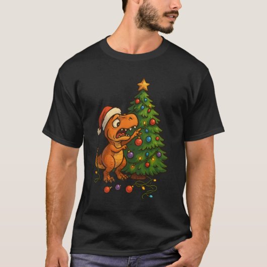 恐竜がクリスマスツリーを破壊する面白いホリデーグッズ Tシャツ (正面)
