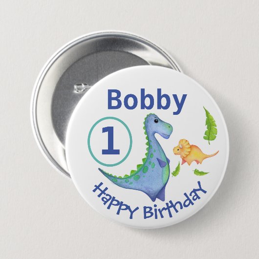 恐竜がパーソナライズされた最初の誕生日リトルボーイ 缶バッジ (正面&裏面)