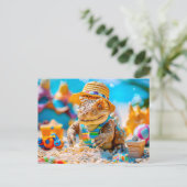 恐竜がビーチで砂の城を作る シーズンポストカード (スタンド正面)