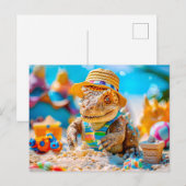 恐竜がビーチで砂の城を作る シーズンポストカード (正面/裏面)