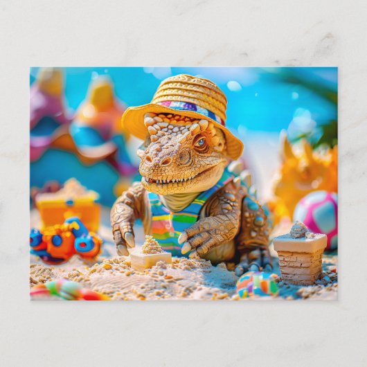 恐竜がビーチで砂の城を作る シーズンポストカード (正面)