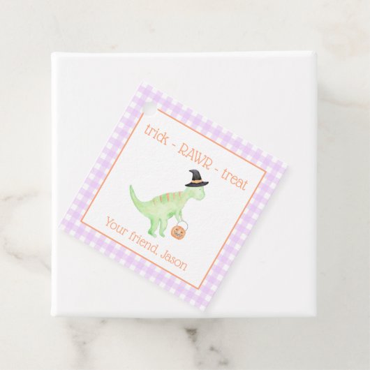 恐竜がラワーパープルオレンジハロウィンキッズを扱う フェイバータグ (インサイチュ)