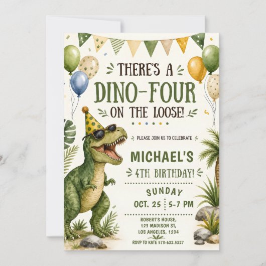 恐竜が可愛い4歳の誕生日 - Dino Four Birthday 招待状 (正面)
