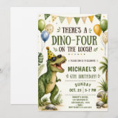 恐竜が可愛い4歳の誕生日 - Dino Four Birthday 招待状 (正面/裏面)