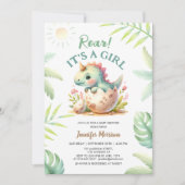 恐竜が吠える！女の子が生まれるよ キュートな恐竜 赤ちゃん歓迎会 招待状 (正面)