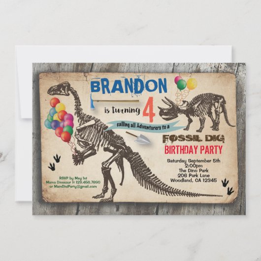 恐竜が誕生日の招待を受けた田舎の化石を掘る 招待状 (正面)