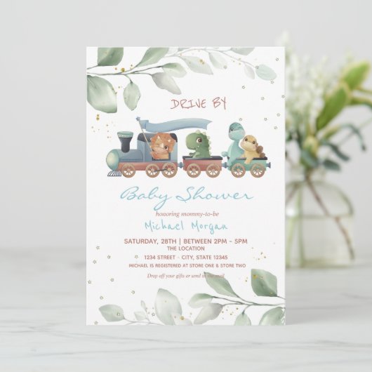 恐竜が赤ちゃんシャワーで運転する訓練をする 招待状 (スタンド正面)