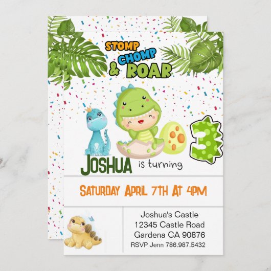 恐竜が3歳の誕生日の招待を受ける 招待状 (正面/裏面)