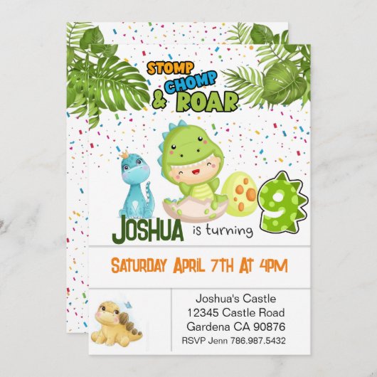 恐竜が9歳の誕生日を迎える 招待状 (正面/裏面)