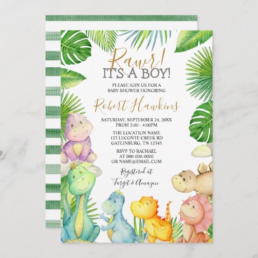恐竜それは男の子の赤ちゃんのシャワー招待状 招待状 (正面/裏面)