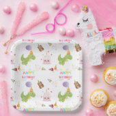 恐竜とカップケーキハッピーバースデーデザイン ペーパープレート (パーティー)