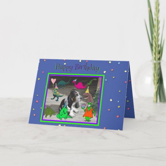 恐竜とバセットハウンドの面白い誕生日カード カード (正面)