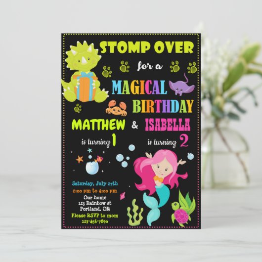恐竜とマーメイドの誕生日の招待状2テーマ 招待状 (スタンド正面)