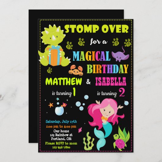 恐竜とマーメイドの誕生日の招待状2テーマ 招待状 (正面/裏面)