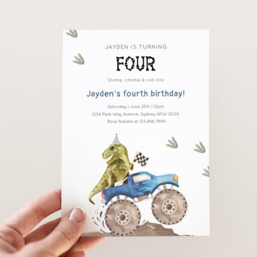 恐竜とモンスタートラックの4歳の誕生日パーティー 招待状