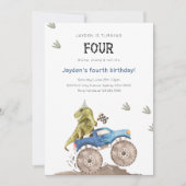 恐竜とモンスタートラックの4歳の誕生日パーティー 招待状 (正面)