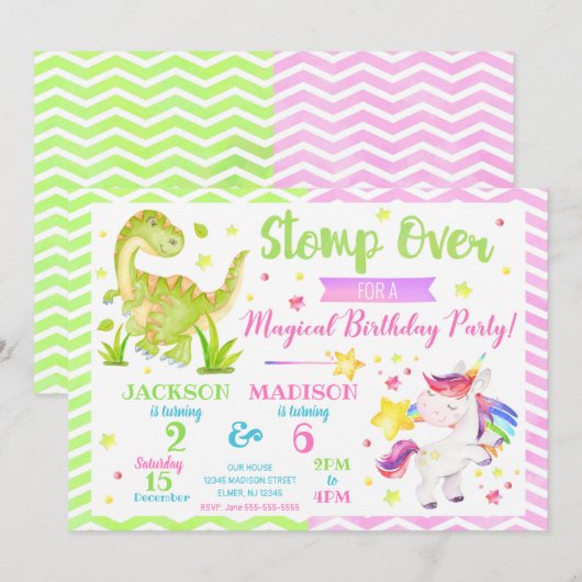 恐竜とユニコーンの共同誕生日招待状 招待状 (正面/裏面)
