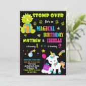 恐竜とユニコーンの誕生日の招待ツインズ 招待状 (スタンド正面)