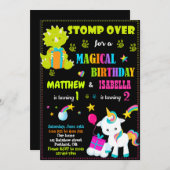 恐竜とユニコーンの誕生日の招待ツインズ 招待状 (正面/裏面)