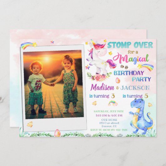 恐竜とユニコーンの誕生日の招待状2 招待状 (正面/裏面)