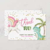 恐竜とユニコーンの誕生日サンキューカード サンキューカード (正面/裏面)