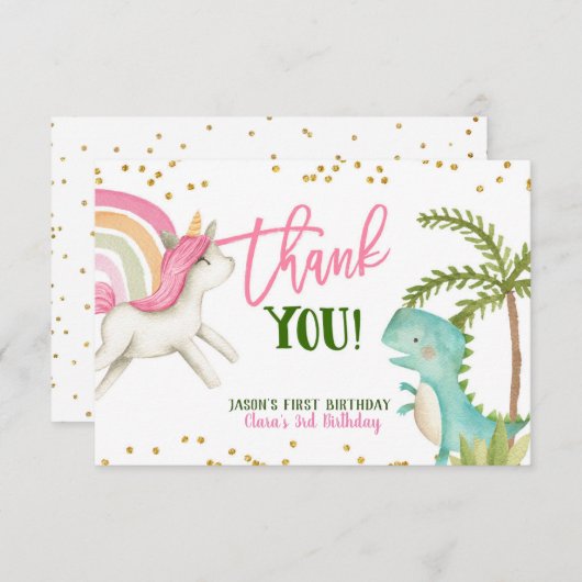 恐竜とユニコーンの誕生日サンキューカード サンキューカード (正面/裏面)