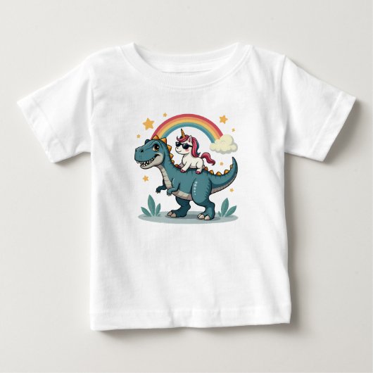 恐竜とユニコーンベビーTシャツ ベビーTシャツ (正面)