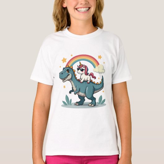 恐竜とユニコーンレインボーデザイン Tシャツ (正面)