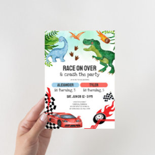 恐竜とレースカーの兄弟誕生日パーティー 招待状