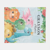 恐竜と子供の毛布+熱帯葉 フリースブランケット (正面(横))