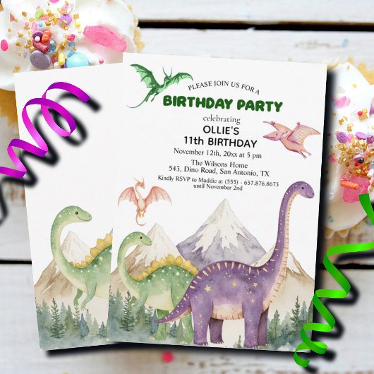 恐竜と山のカラフルな11歳の誕生日パーティー 招待状