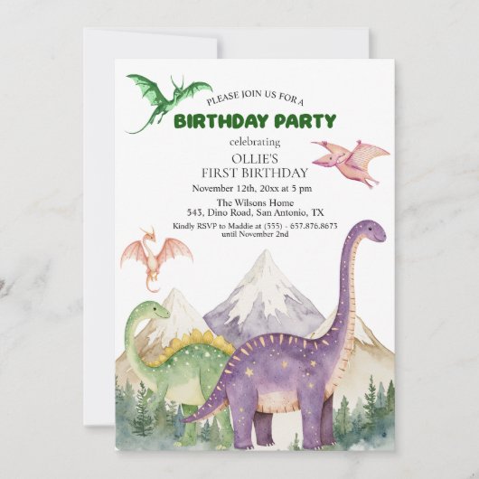 恐竜と山カラフルの第1の誕生日パーティー 招待状 (正面)