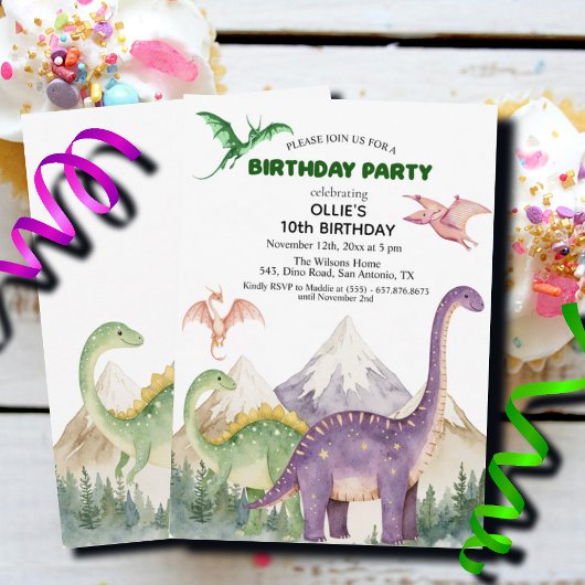 恐竜と山カラフルの10th誕生日パーティー 招待状