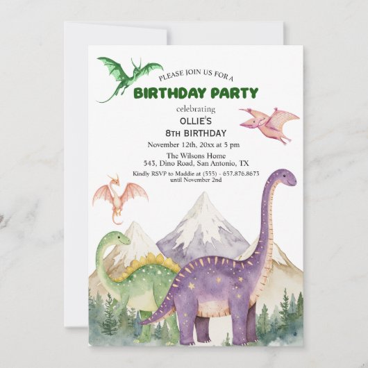 恐竜と山カラフルの8th誕生日パーティー 招待状 (正面)
